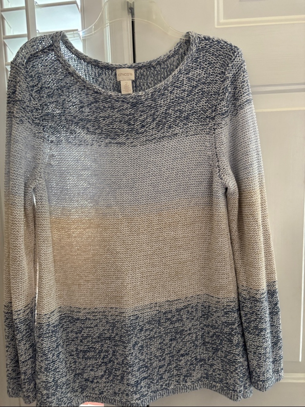 Chico's Blue and Cream  Crewneck Sweater Medium (Chico 2) - Picture 3 of 5